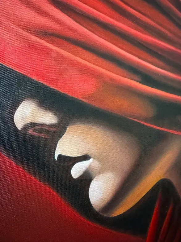 Close-up of the painted face showing the nose, mouth and thin skin glazes